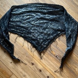 Vintage scarf head wrap tichel gauze black silver grey thin square